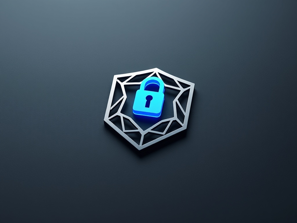 An elegant, minimalistic logo mark: a geometric shield made of interconnected polygons, with a glowing blue lock in the center. On a dark matte surface, macro shot, subtle reflections. 8k, photorealistic, product photography.
