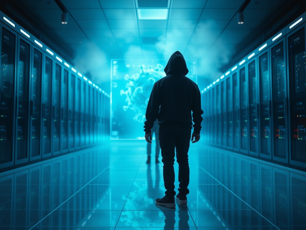 A dramatic, cinematic wide shot of a sleek, minimalist server room with blue and green LED lights reflecting off polished floors. A lone cybersecurity expert in a dark hoodie stands facing a massive holographic display of a virus being neutralized. 8k, photorealistic, commercial photography, shallow depth of field, backlit smoke.